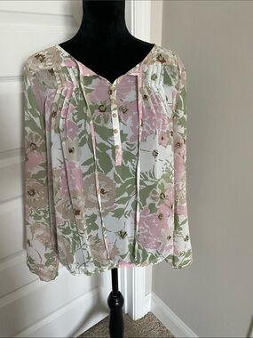 Charming Charlie Pink, Sage & Cream Floral Tie-Neck Blouse